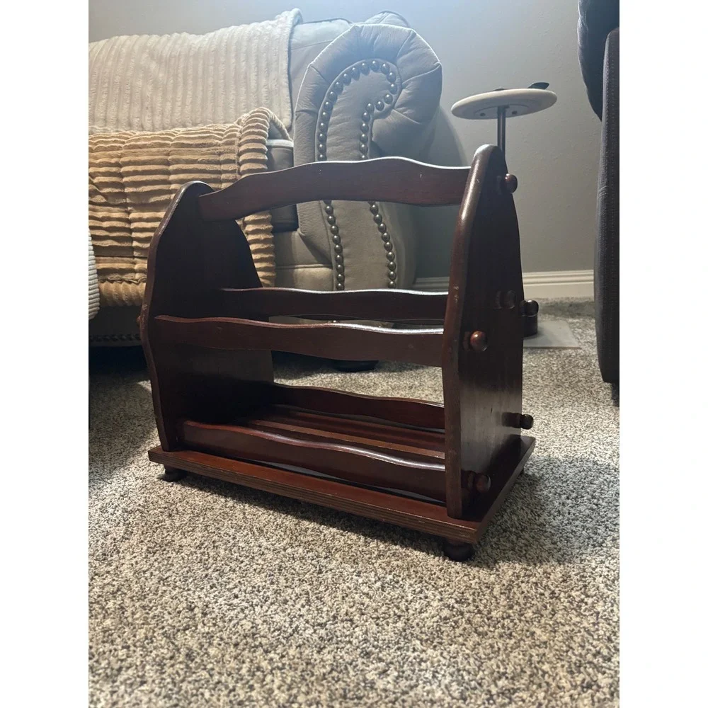 Vintage Wooden Magazine Rack Scalloped Dark Wood Book Record Holder Handle